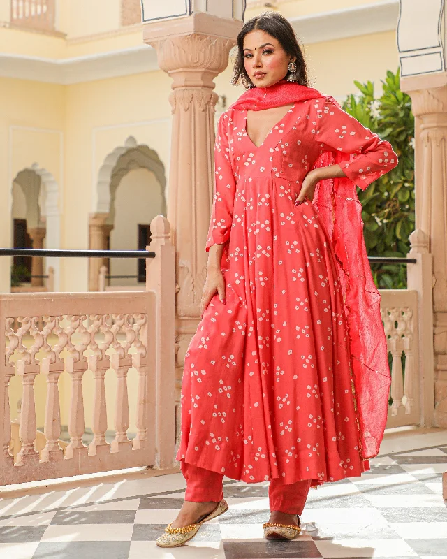 Fashion Must-have Women's Coral Bandhej Modal Anarkali Kurta Pant Dupatta Set - Baisacrafts