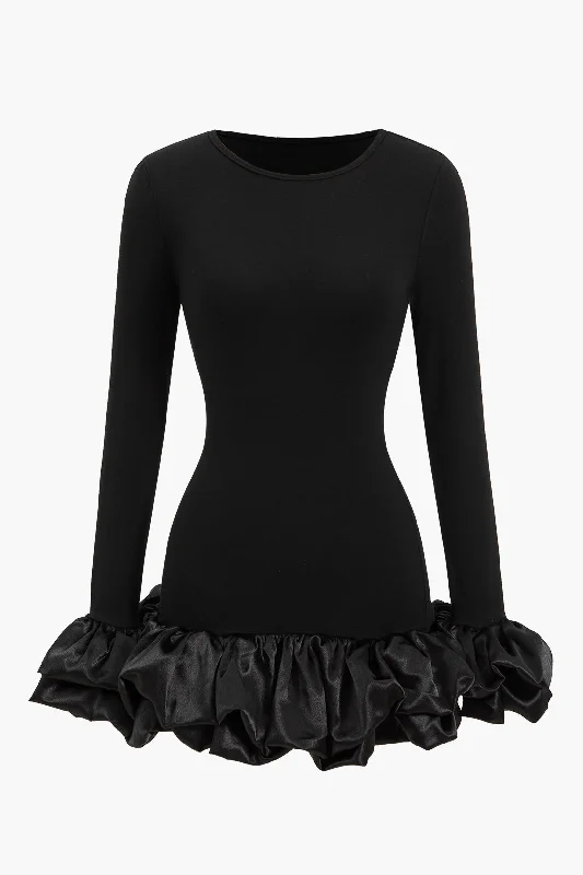 Celebrity Style Ruffle Hem Lantern Sleeve Mini Dress