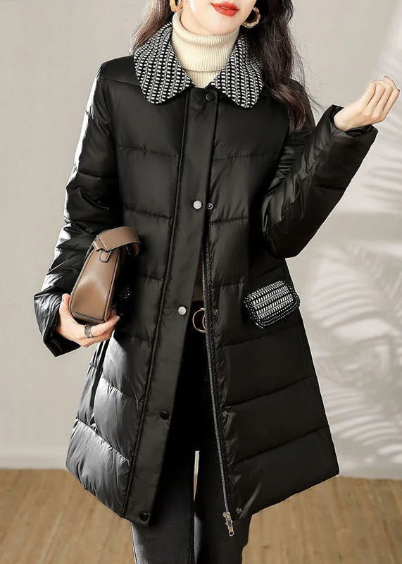 British Fashion Loose Black Zip Up Tie Waist Patchwork Cotton Filled Coat Winter