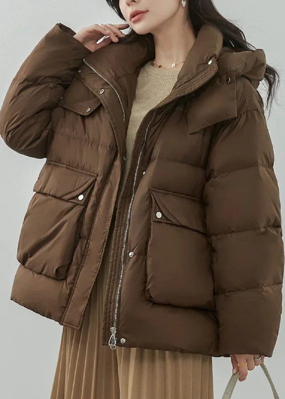 Elegant Wear Women Coffee Zippered Pockets Patchwork Duck Down Coat Winter