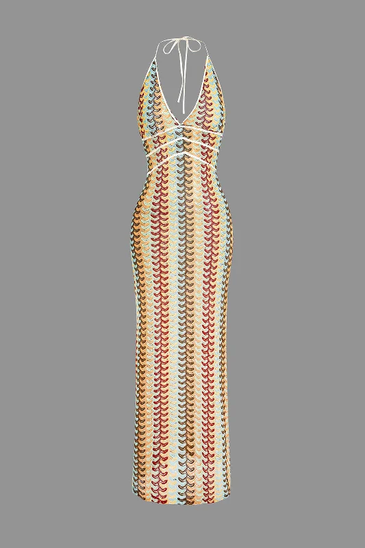 British Fashion Striped Crochet Halter V-neck Backless Slip Maxi Dress