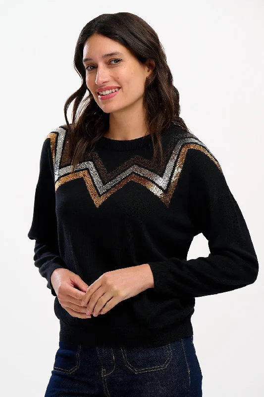 European And American Style Anjali Sequin Jumper (Black, Chevron Stripes)