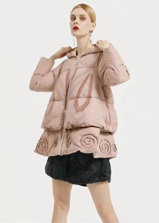 Elegant Design Beautiful Pink Hooded Embroidery Patchwork Duck Down Coat Winter