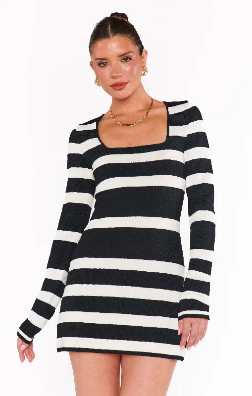 Urban Sense Erika Mini Dress ~ Black White Stripe Knit