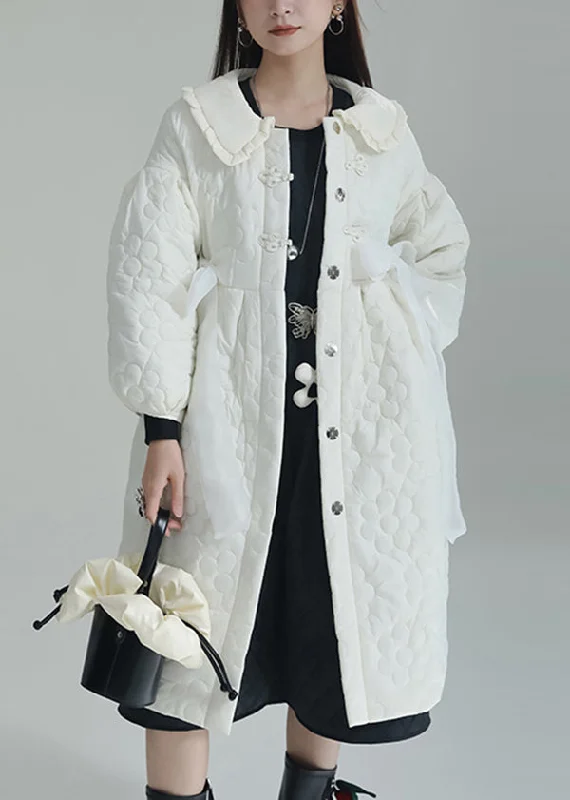 Bright Colors Chic White Peter Pan Collar Pockets Fine Cotton Filled Witner Coat