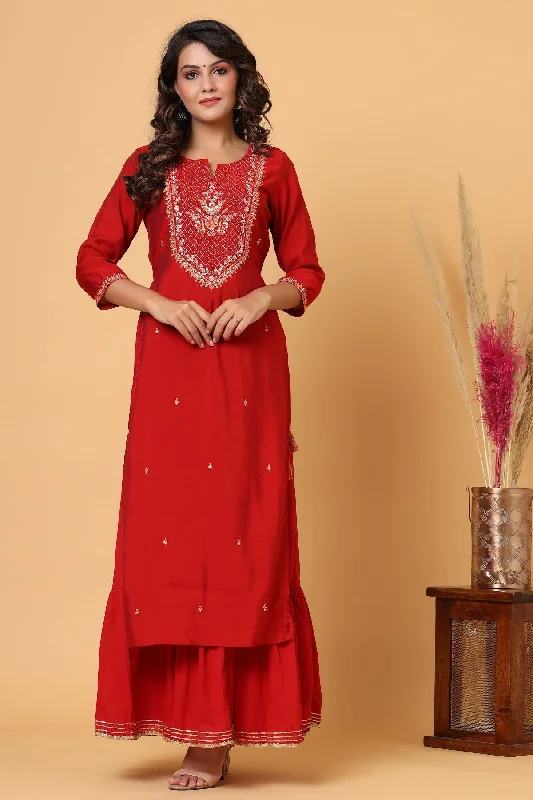 Refreshing Design Women's Red Embroidery Chanderi Ethnic Kurta - KAAJH