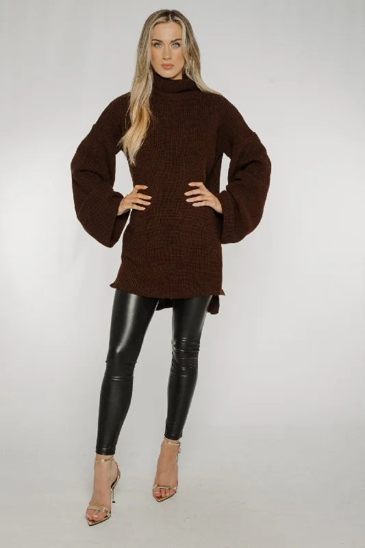 Eye-catching Personality Ella Longline Polo Neck Jumper In Chocolate