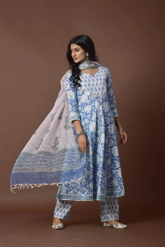 Bright Colors Women's Blue & White Anarkali suit - Kiswah