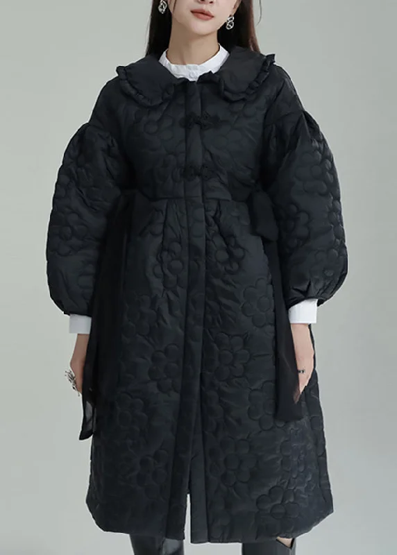 British Fashion Black Embossed Cotton Filled Coat Peter Pan Collar Lantern Sleeve