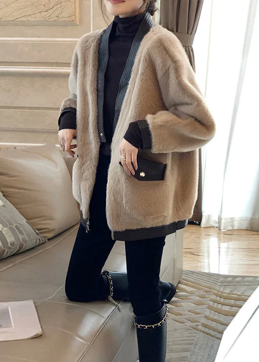 Casual And Comfortable New Khaki Zippered Pockets Patchwork Leather And Fur Coat Winter