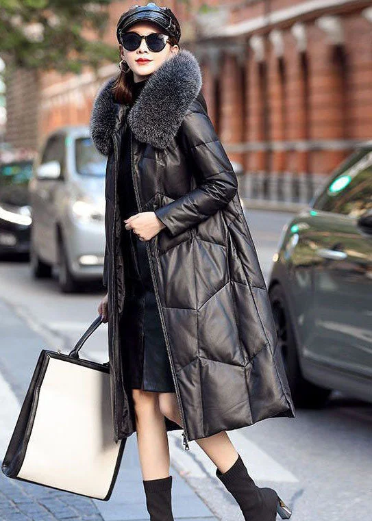 Simple And Comfortable Loose Black Zip Up Fox Collar Patchwork Duck Down Puffer Coats Winter