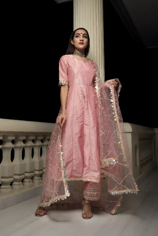 Eye-catching Personality Women's Gotta Jaal Cotton Silk Peach Anarkali - Pomcha Jaipur