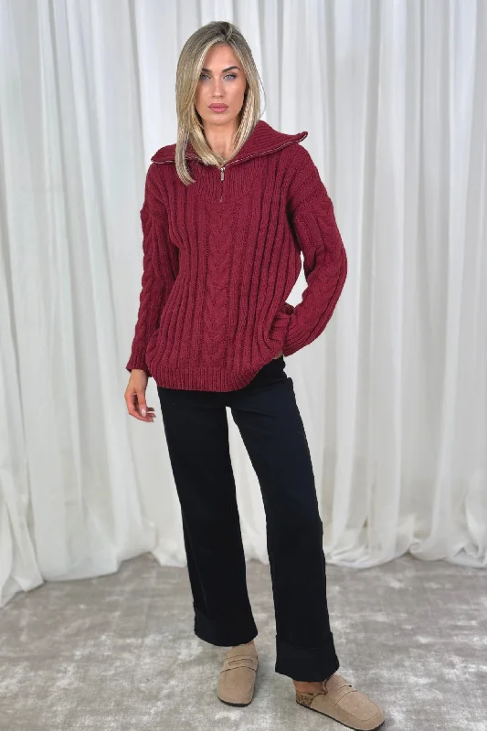 Soft And Comfortable Caitlyn Half Zip Knit Jumper In Burgundy