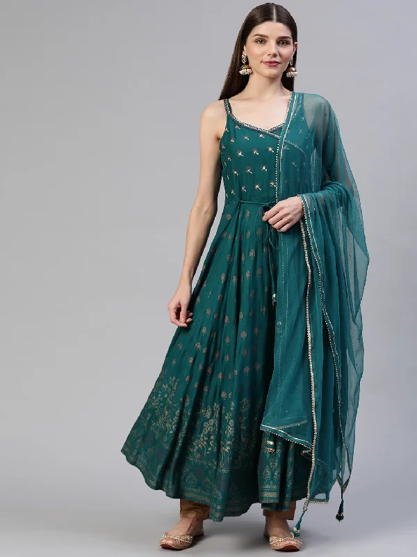 High Street Fashion Women's Rama Green Rayon Shoulder Strip Anarkali Kurta With Net Dupatta - Noz2Toz