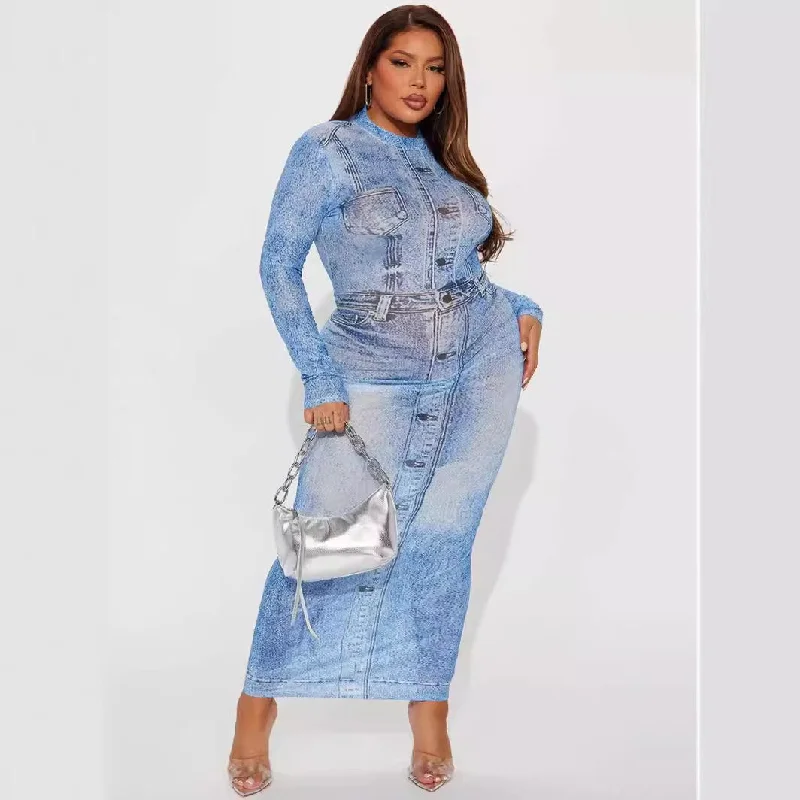 Fashionable Inner Wear Imitation Denim Printed Long Sleeve Mock Neck Maxi Dress