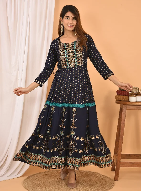 Fashion Must-have Women's Blue Green Gold Print Embellishment Anarkali Kurta - KAAJH