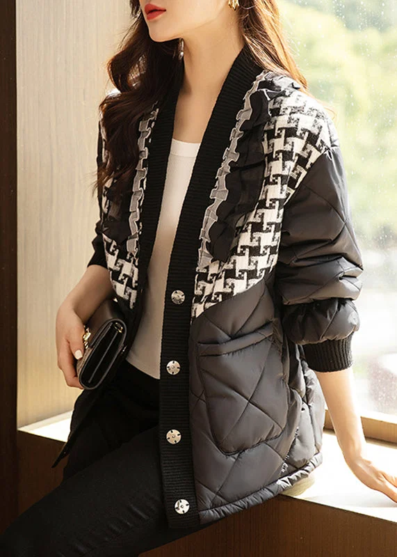 Spring Fashion Loose Black Plaid Button Patchwork Cotton Coats Winter