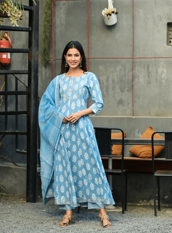 Must-have For Fashion Women's Blue & White Embroidered Handblock Anarkali Kurta With Trousers & Dupatta Set - Yufta