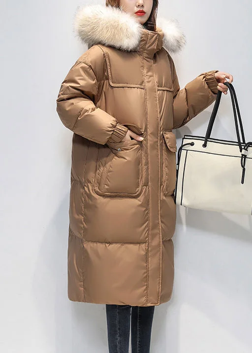 Boutique Recommendation Loose Coffee Fur Collar Hooded Pockets Duck Down Long Coat Winter