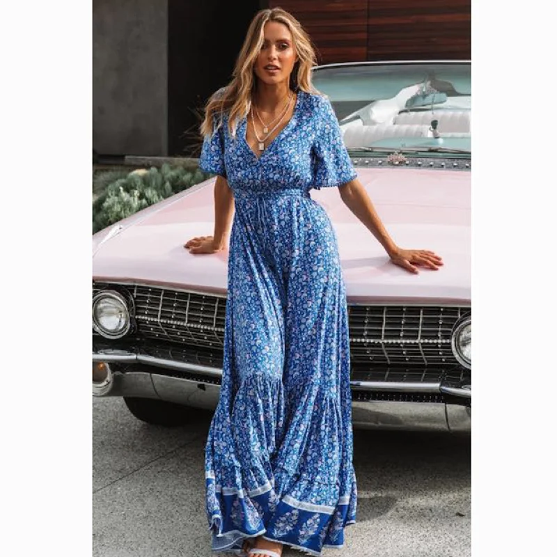 Multifunctional Style Frieda Bohemian Floral Print V Neck Waist Tie Maxi Dress