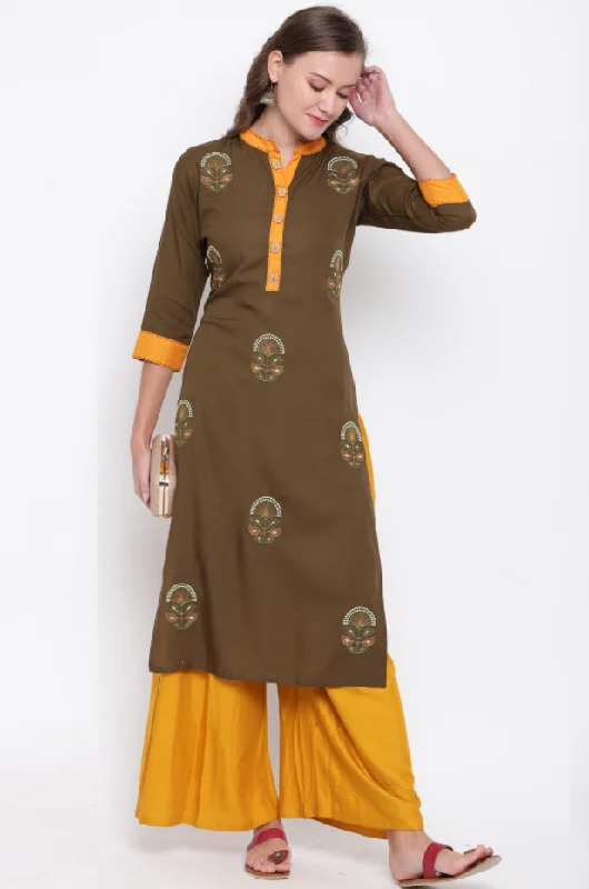 Fashionable Inner Wear Women's Embroidered Straight Rayon Mehendi Green Kurta (1Pc) - Vbuyz