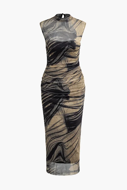 Spring Fashion Abstract Print Mock Neck Mesh Ruched Sleeveless Maxi Dress