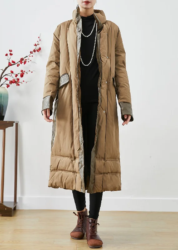 Eye-catching Personality Khaki Patchwork Fine Cotton Filled Womens Parka Warm Tie Waist Winter