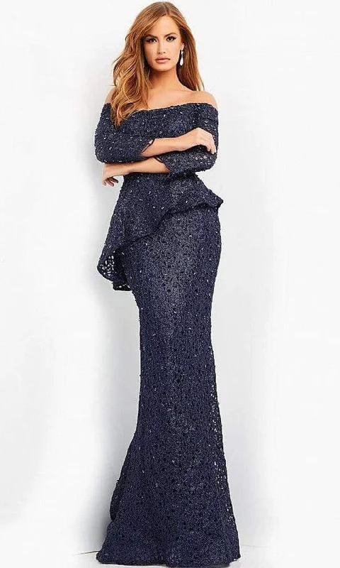 Exquisite Fabrics Jovani - 00455 Off Shoulder Textured Peplum Gown