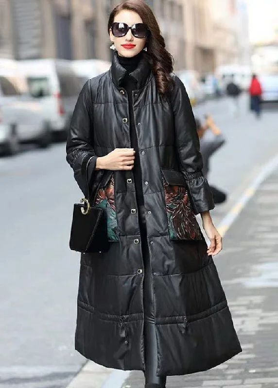 New Autumn And Winter Styles Vintage Black Stand Collar Drawstring Sheepskin Duck Down Filled Jacket Winter