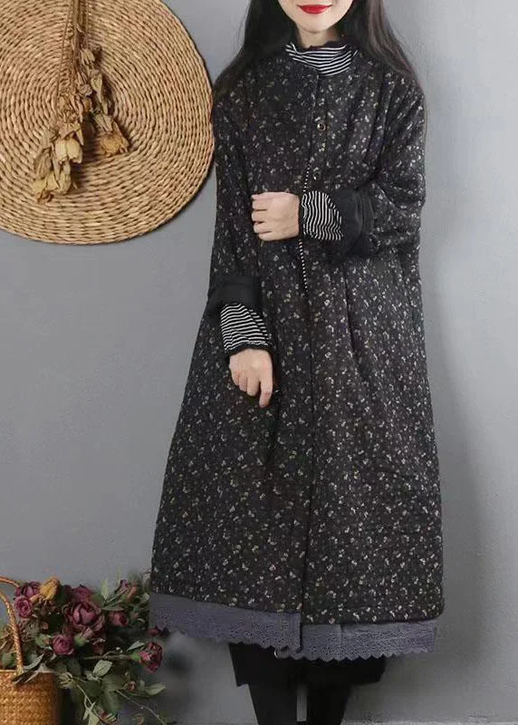 Avant-garde Design Organic Black Print Lace Patchwork Fine Cotton Filled Coat Winter