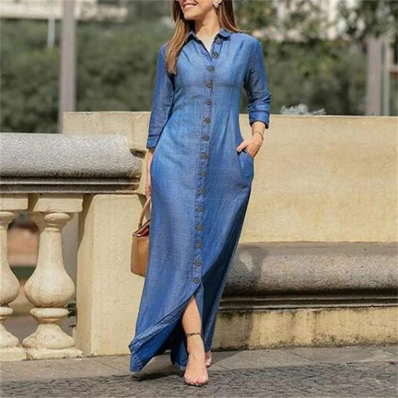 Fashionable Prints Long Sleeve Maxi Shirt Dress (3 colors)