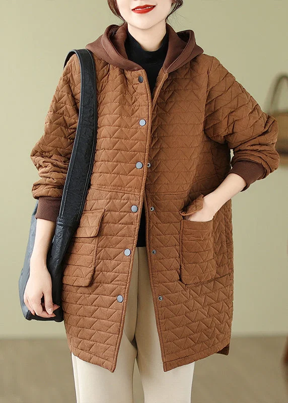 Boutique Recommendation Loose Coffee Hooded Pockets Cotton Filled Parka Long Sleeve