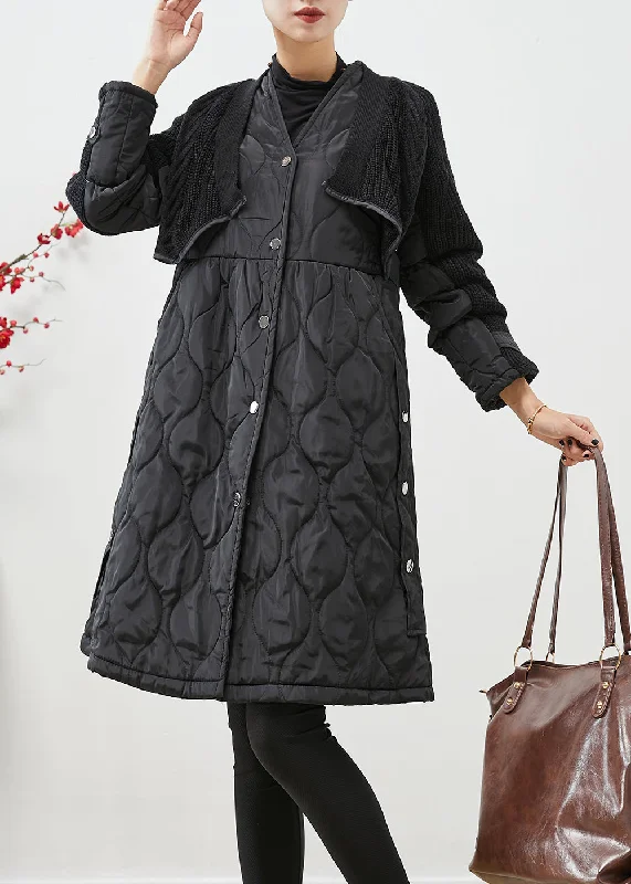 Soft And Comfortable Women Black V Neck Knit Patchwork Fine Cotton Filled Women Witner Coats