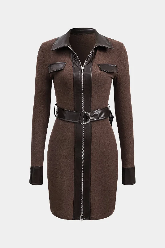 Personalized Design Faux Leather Patchwork Long Sleeve Mini Dress