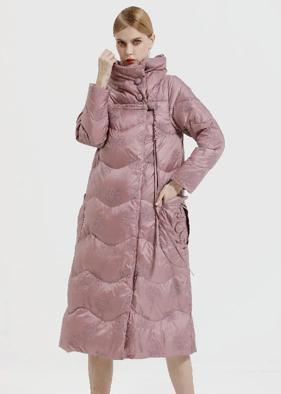 Romantic Data Organic Light Purple Stand Collar Tasseled Patchwork Duck Down Long Coats Long Sleeve