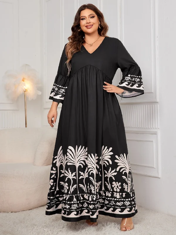 Urban Style Plus Size Printed V-Neck Long Sleeve Maxi Dress