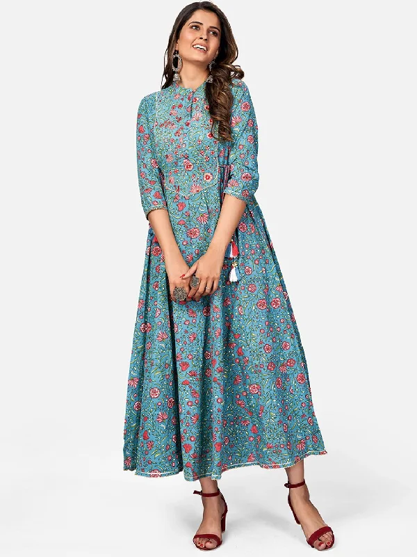 Cute Design Women's Printed & Embroidered Anarkali Cotton Turquoise Kurta (1Pc) - Vbuyz