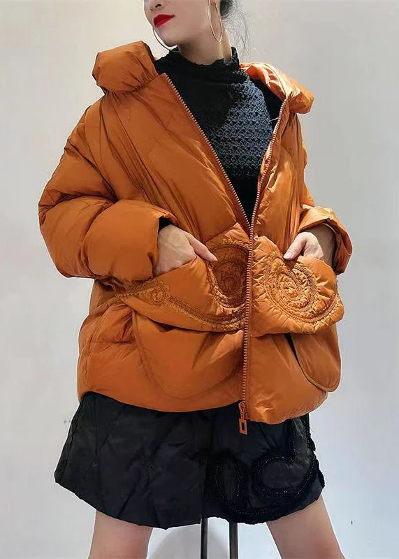 Basic Version Chic Orange Zip Up Pockets Patchwork Duck Down Down Coats Winter