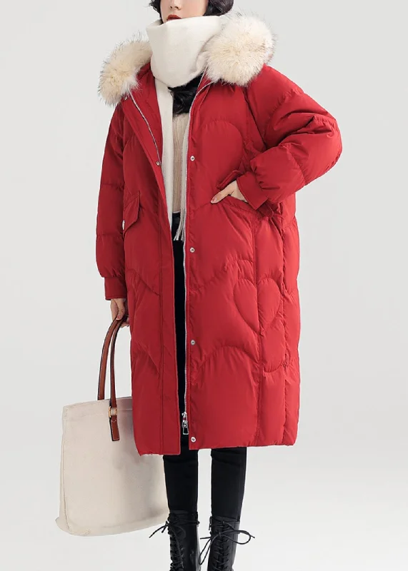 Retro Fashion Loose Red Hooded Pockets Patchwork Duck Down Long Coats Winter