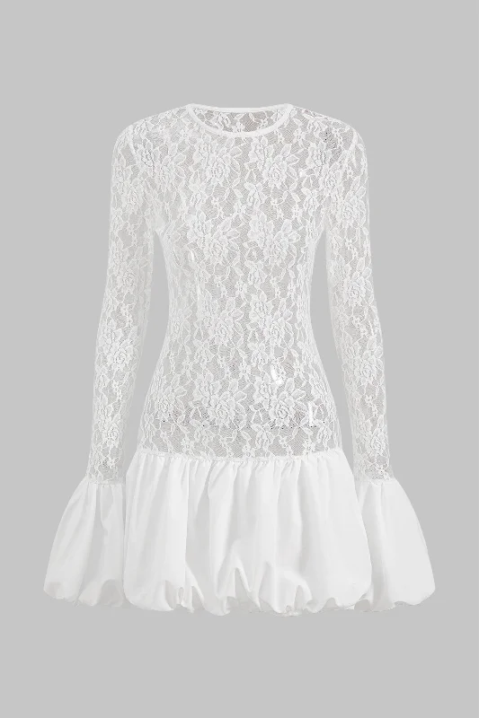 Eye-catching Personality Lace Round Neck Bell Sleeve Mini Dress