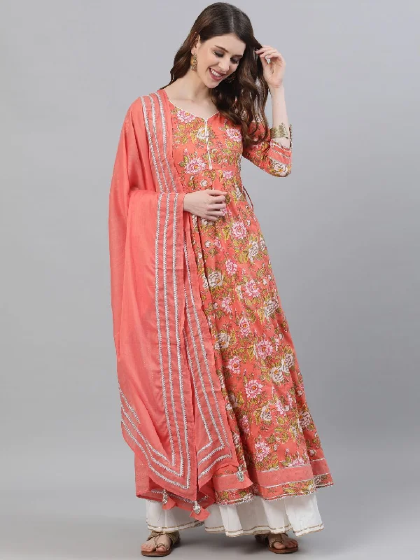 Printed Patterns Women's Peach Floral Printed Anarkali With Gotta Patti work Dupatta - AKS