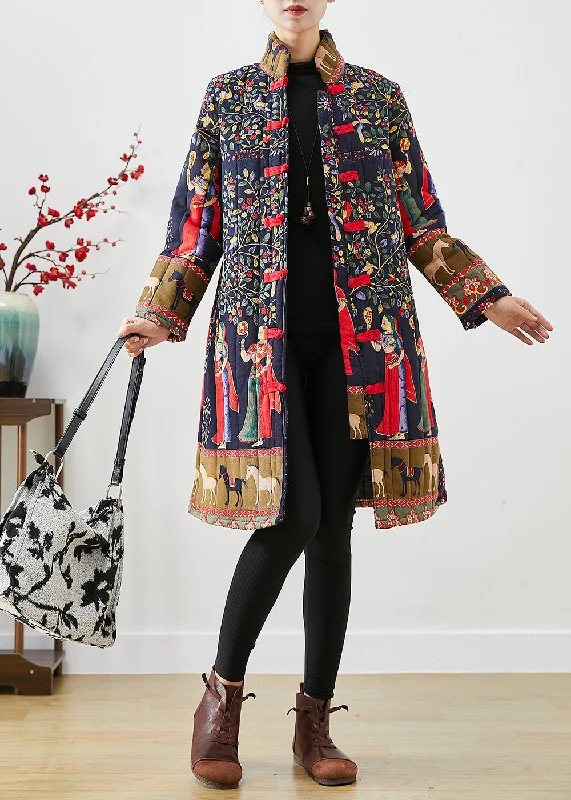 Floral Prints Navy Print Fine Cotton Filled Winter Coats Chinese Button