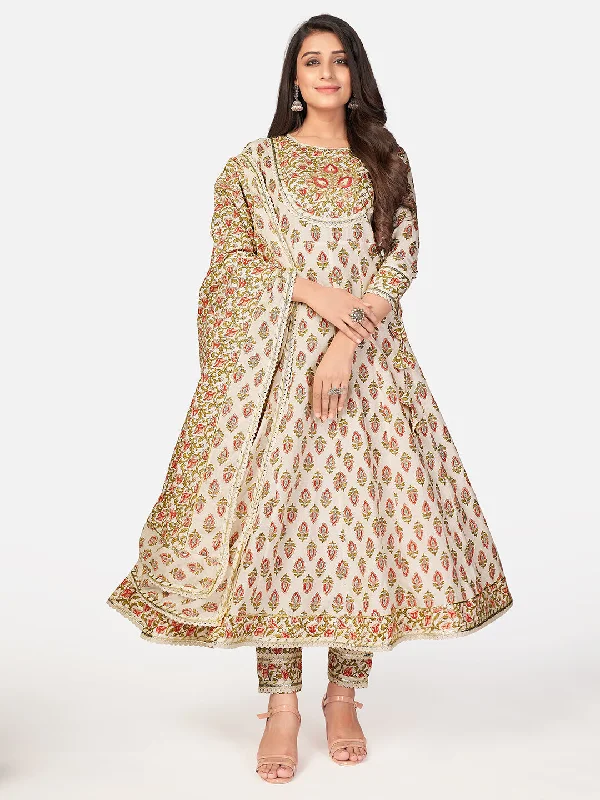 Fashionable Prints Women's Beige Anarkali Cotton Kurta With Pant & Dupatta By Vbuyz (3Pcs Set)