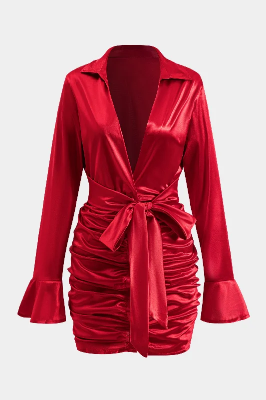 Soft And Comfortable Satin Tie-Up Ruched Long Sleeve Mini Dress