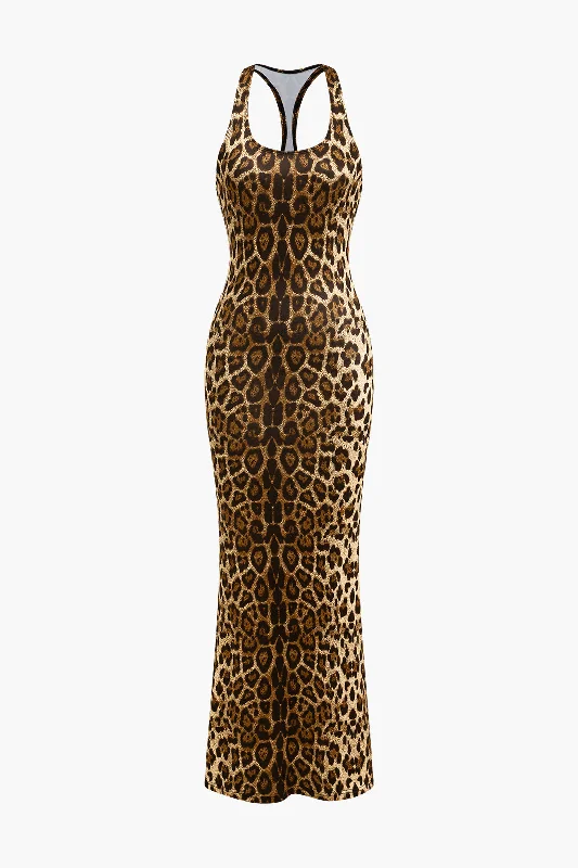 Classic Style Leopard Print Backless Sleeveless Maxi Dress