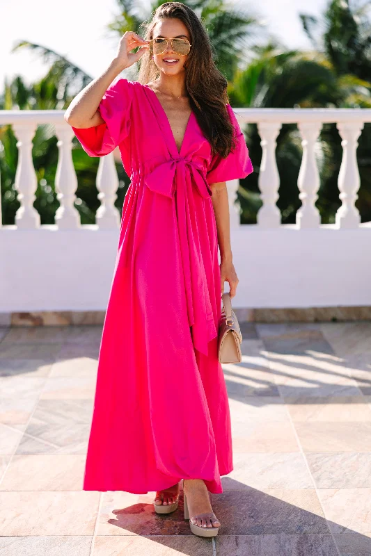 Fashion Design Keep It Up Fuchsia Pink Puff Sleeve Maxi Dress