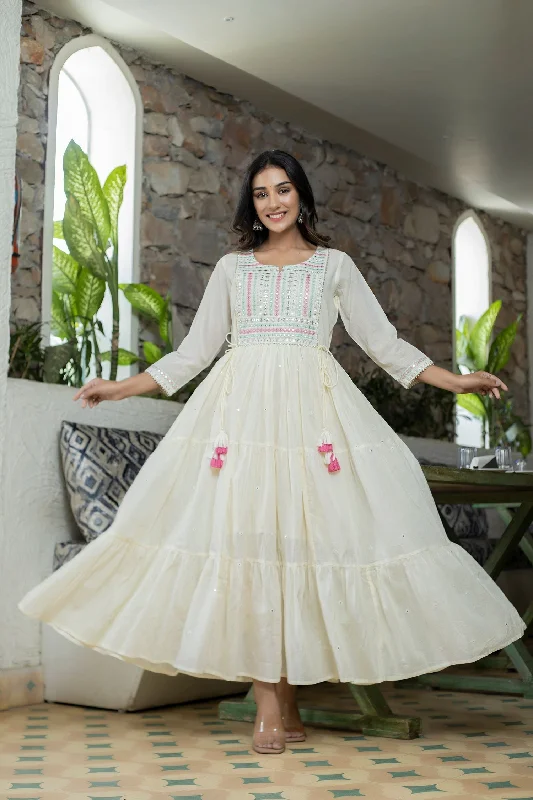 Personalized Design Women's White Mirror Embellishment Anarkali Kurta - KAAJH