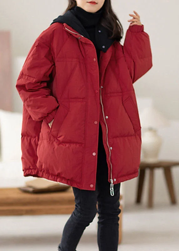 Practical Style Plus Size Red Hooded Patchwork Duck Down Puffers Jackets Winter