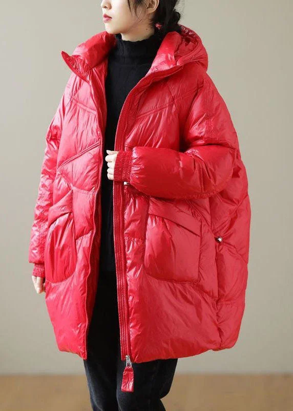 Modern City Boutique Red Hooded Drawstring Duck Down Puffer Jacket Winter