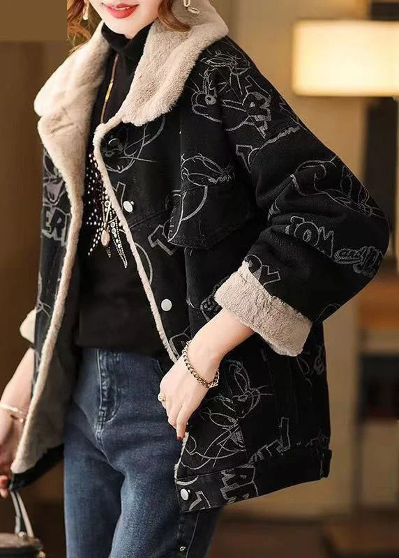 High-quality Styles Plus Size Black Print Button Patchwork Warm Fleece Coat Winter